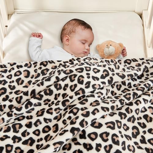 Image of Yurhap Leopard Print Baby Blanket Fleece Baby Blankets for Boys Girls, Ultra Soft Cozy Fluffy Infant Toddler Newborn Receiving Blankets for Crib Stroller, 30 inchx40 inch, Cream