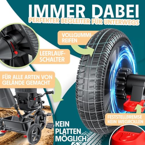 KIDIZ® Dreirad 6in1 Kinderdreirad mit Schubstange Lenkbar ab 9 Monaten bis 25Kg Jogger vorwärts & Rückwärtsfahrt, Korb Tasche Getränkehalter Sonnendach Gummiräder Buggy Fahrrad Baby Klappbar Schwarz