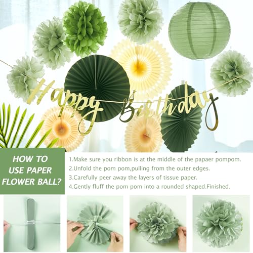 Image of SUNBEAUTY Sage Green Birthday Decorations for Women Green Tissue Pom Poms Paper Lanterns Party Decorations Happy Birthday Banner Sage Green Paper Fans for Spring Garden Party Wedding Bridal Shower