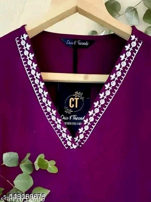 Image of Rayon Solid Straight Kurti Top for Women | V-Neck Ethnic Tunic | Neck and Sleeve Border | Stylish Casual Office Wear Short Kurti for Women