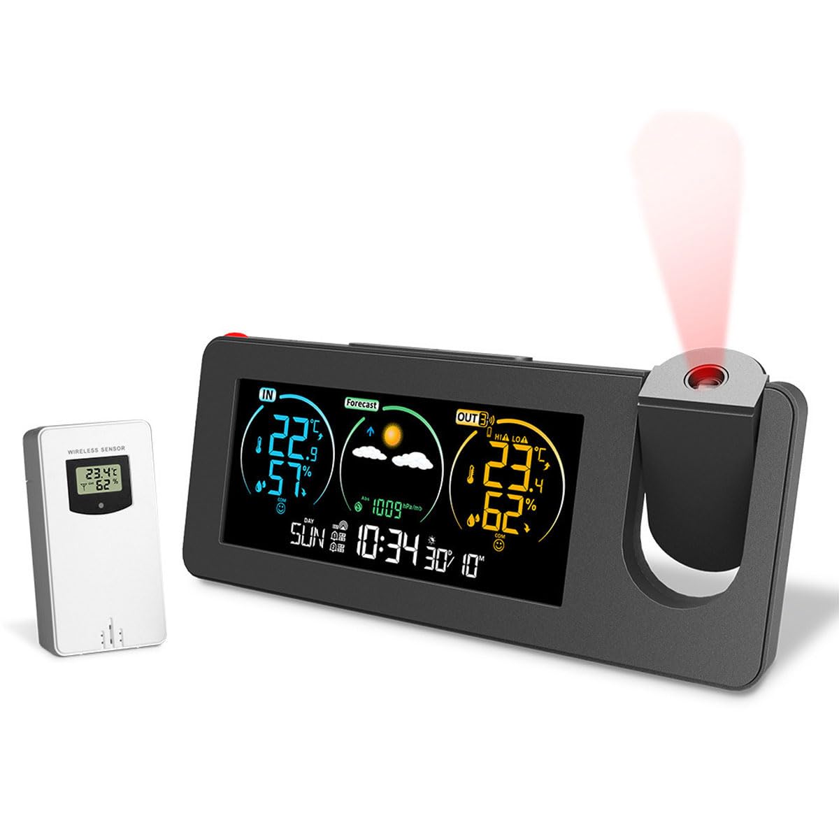 Projektionswecker, Tragbare Wetterstation Mit 180°-Projektor, Schlummerfunktion, Wettervorhersage, Zwei Alarmen, LED-Anzeige, USB-Ladegerät, 12/24 Stunden, Temperaturüberwachung