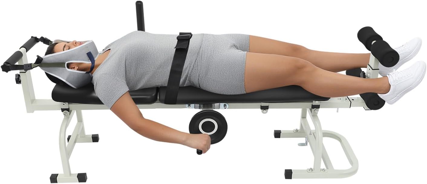 OUKANING Massage Traction Bed Therapy Massage Bed Table Cervical Spine Lumbar Traction Bed Body Stretching Device Folding Back Stretch Bench for Lumbar Spine Cervical