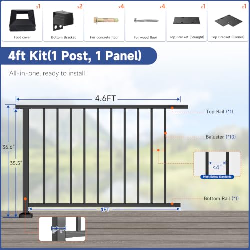 Image of Complete 36 in. H x 4 ft W 6063 Aluminum Deck Railing Extension Kit | 1 Panel, 1 Post, Add‑On Kit for Complete Level Railing System,Corner Decking, Length Cuttable Easy DIY, Modular