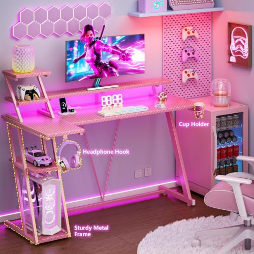 Image of Korfile 55 Inch Gaming Desk with Power Outlet, LED, Monitor Stand, Pink