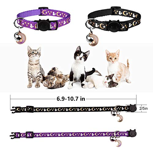 2Pcs Breakaway Cat Collars With Bell Moons Stars Cute Kitty Adjustable Safe Kitten Collars With Pendant Glow In The Dark(Black&Purple) #TOP5