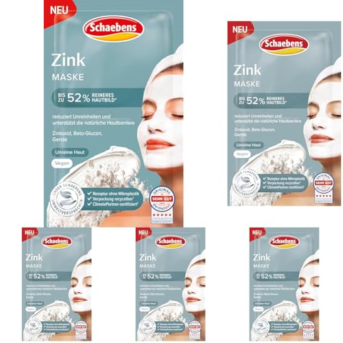 Schaebens Maschera crema di zinco - riduce le impurità e supporta la naturale barriera cutanea con ossido di zinco, beta-glucano e orzo per pelli impure VEGAN (Confezione da 5)