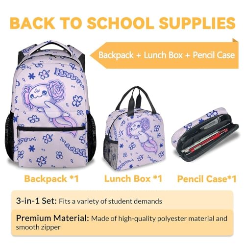 Axolotl Backpack with Lunch Box for Kids - Set of 3 School Backpacks Matching Combo - Pretty Colorful Bookbag and Pencil Case Bundle3
