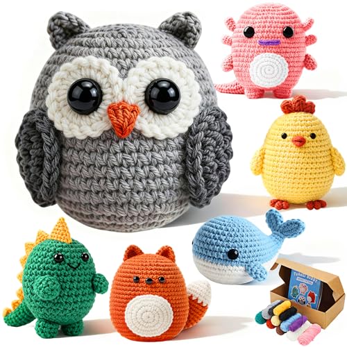 Joyclub 6 Pcs Crochet Kit for Beginners Crochet Starter Kits for Adults and Kids Great Christmas Gifts for Crocheting Lovers with Step by Step Video Amigurumi Animal Family Knitting Kit DIY