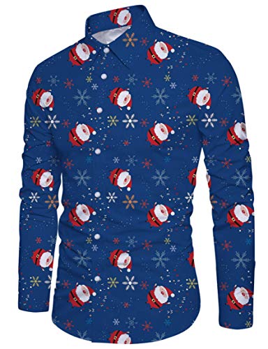 RAISEVERN Mens Christmas Shirts Snowflakes Ugly Xmas Printed Funny Festival Santa Claus Funky Graphic Shirt Long Sleeve Santa Gifts, Blue, M
