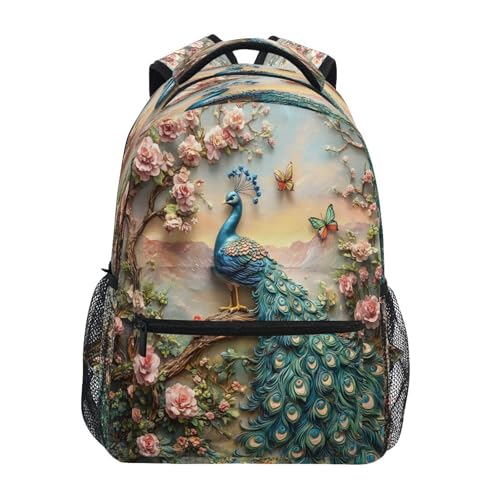 Peacock Butterfly Peony Backpack for School Boys Girls Adults Kids Bookbag Laptop Bag 15L