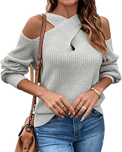Image of Womens Sexy Criss Cross V Neck Cold Shoulder Pullover Sweater Cutout Lantern Sleeve Halter Sweatshirt Jumper