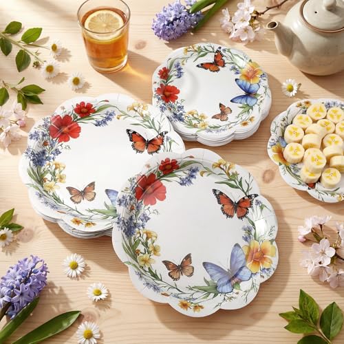 Zhehao 50 Pcs Wildflower Party Paper Plates 7 Inch 9 Inch Floral Butterflies Disposable Dessert Plates Flower Tea Party Tableware for Spring Summer Bridal Baby Shower Birthday Supplies Decors