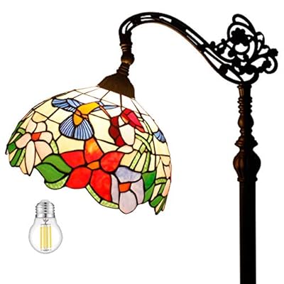 WERFACTORY Tiffany Floor Lamp Hummingbird Amber Stained Glass Arched Lamp 12X18X64 Inches Gooseneck Adjustable Corner Standing Reading Light Decor Bedroom Living Room S101 Series