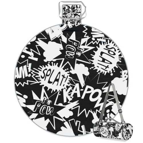 Shimoshe Comic Book Words Pattern Picnic Outdoor Blanket Foldable Waterproof Sandproof Beach Blanket Portable Water-Resistant Round Picnic Mat for Travel Camping Park Lawn