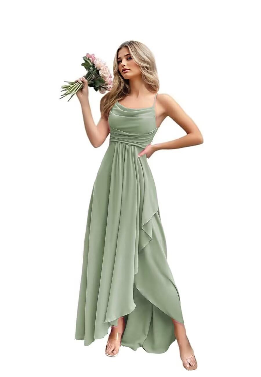 FoinLuve Women's Chiffon Bridesmaid Dresses 2025 with Slit Long A Line Spaghetti Straps Formal Party Gowns