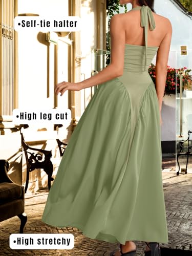 Image of ChiaoLezhee Deep V Neck Dress, Halter Maxi Dresses, Vacation Date Night, Sexy for Women Corset Flowy Wedding Guest Drop Waist