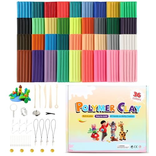 Set de pâte polymère – 36 couleurs d’argile polymère durcissant au four, avec 5 outils de modelage et accessoires, polymer clay pour DIY, création de...