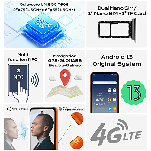 Hotwav Note 12 Smartphone(2023 New),Android 13 Cellphone 8Gb+128Gb (1Tb Expandable) 48Mp 6.8" Hd+,6180 Mah Battery 20W Fast Charging, Octa-Core 4G Lte Dual Sim Face Id/Fingerprint/Gps/Nfc (Orange) #TOP6