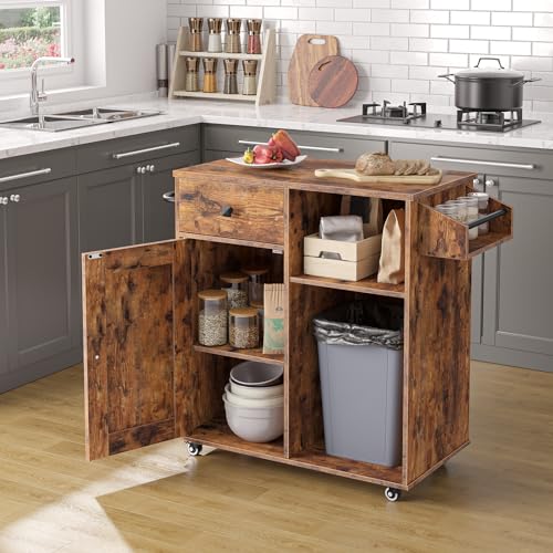 HOOBRO Kitchen Island, Storage Cabinet with Drawer, Kitchen Cart with Spice and Towel Rack, Saving Space, Easy Assembly, for Living Room, Rustic Brown BF12ZD01 HOOBRO Kitchen Island, Storage Cabinet with Drawer, Kitchen Cart with Spice and Towel Rack, Saving Space, Easy Assembly, for Living Room, Rustic Brown BF12ZD01