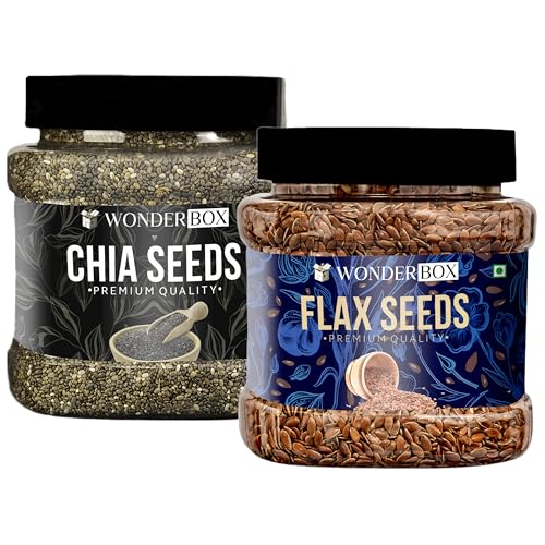 Image of WonderBox Healthy & 100% Natural Pure Chia seeds (250g), Jumbo Flax Seeds (200g) | Alsi Seeds | Seeds Raw Unroasted Flaxseeds for Hair Growth | Seeds for Eating | Omega-3 | Source of Iron & Dietary Fibre | flax seeds for weight loss | jar pack combo
