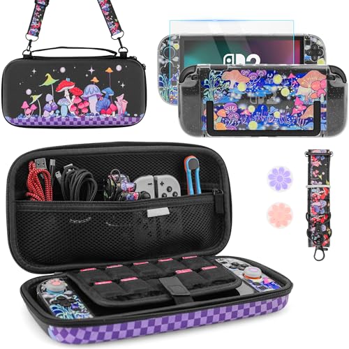 PAWDIARY Mushroom Carrying Case Bundle for Ninetendo Switch 2, Accessories with Portable Carrying Travel Case , Cute Switch 2 Cover Skin, HD Screen Protector, Adjustable Shoulder Strap &amp; 2 Thumb Caps