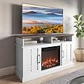 BELLEZE 48" TV Stand with 18" Electric Fireplace Heater, Modern TV Stand for TVs up to 50", Entertainment Media Stand with Open Shelves and Storage Cabinets for Living Room, Bedroom (White)