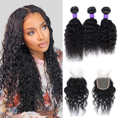 MOONBAY Wet and Wavy Bundles Human Hair with Closure (10 12 14 + 10) Water Wave Human Hair Bundles with Closure 9A 100% Unprocessed Virgin Brazilian Hair 3 Bundles (55g/pc) with 44 Closure