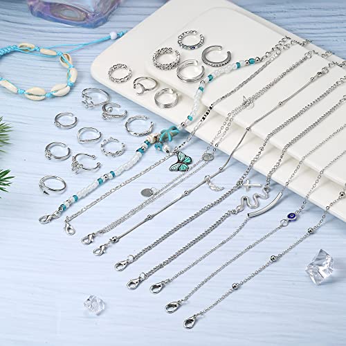 Lolias 26Pcs Anklets And Toe Rings For Women Silver Plated Layered Ankle Bracelets Evil Eye Open Adjustable For Summer Beach Foot Jewelry #TOP1