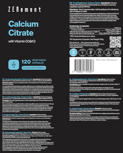 Calciumcitrat mit Vitamin D3 und K2 - Für normale Zähne, Knochen und Muskeln - Verbesserte Formel mit D3 und K2 - Hoch absorbierbar - 120 vegetarische Kapseln