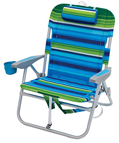 Rio Beach Big Boy Folding 13 Inch High Seat Backpack Beach Or Camping Chair, Aluminum, Green/Blue Stripe #TOP1