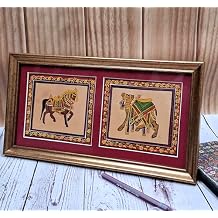 Purpledip Silk Cloth Painting Regal Horse & Camel Indian Rajasthani Intricate Artwork Framed For Table Top Or Wall Hanging; Collectible Miniature Art 12478A