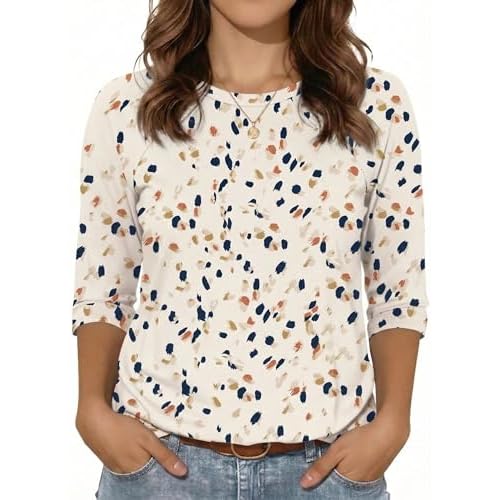 rosemia Womens Shirt 3/4 Sleeve Tops Crew Neck Spring Loose Casual Tshirts Basic Fall Tunic Tops, Rice Colored Specks, S