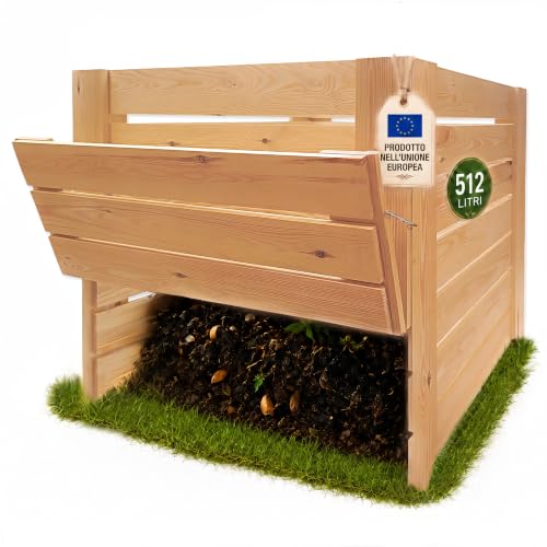 VELORA H&L Compostiera 512 L - Compostiera da Giardino in Legno Naturale con Sportello Inferiore, Compostiera per Scarti Vegetali e Organici