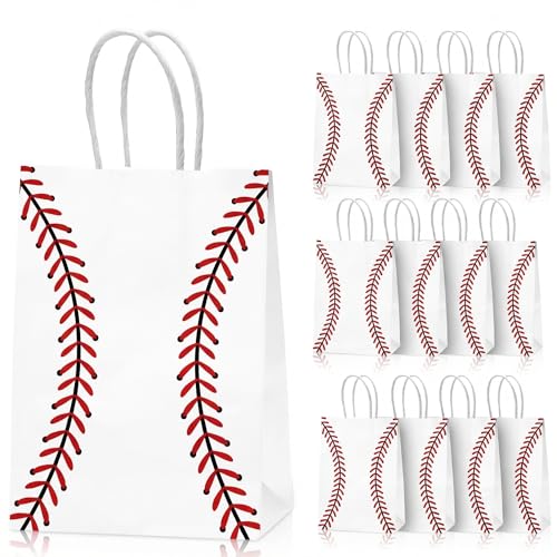 Leezmark 12 Pcs Baseball Party Favors Gift Bags with Handle Baseball Snack Treat Goodie Bags for Kids Team Sports Theme Paper Bags for Party Decorations Supplies