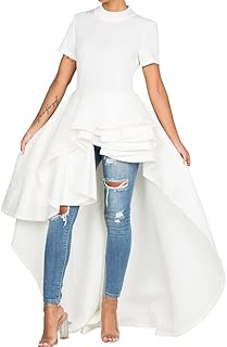 Womens Bodycon Maxi Dresses Solid Ruffle High Low Irregular Short Sleeve Blouse Tops Shirt Dress - coolthings.us