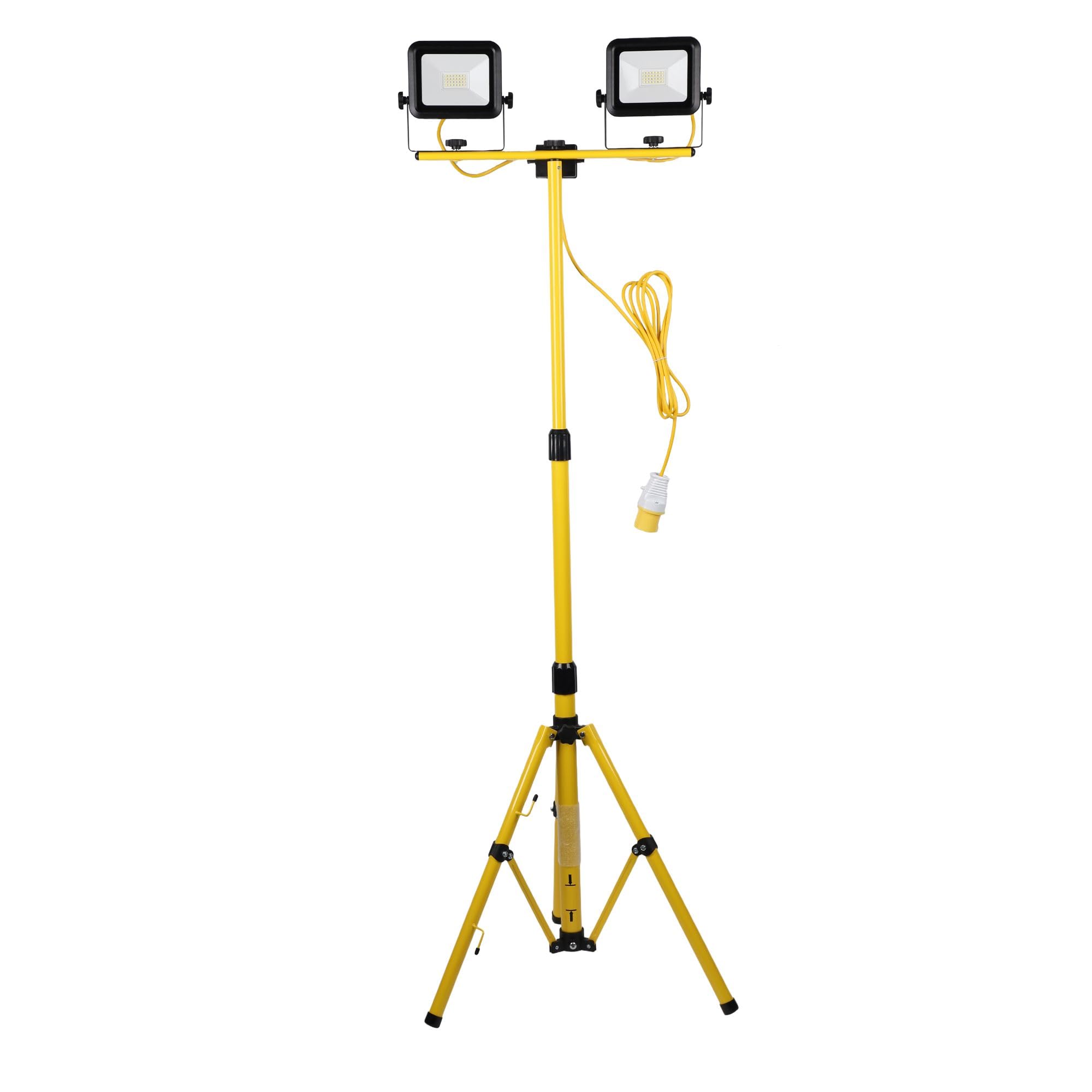 Connexion Electrical Ltd Black, Yellow Dual Head Led Work Light 110V 2X20w Flood Lights Outdoor Site Uplights With Portable Adjustable Tripod Stand, 3600 Lumens 5M Cable Ip44 Rated Led Floodlight For Construction And Job Sites Lighting