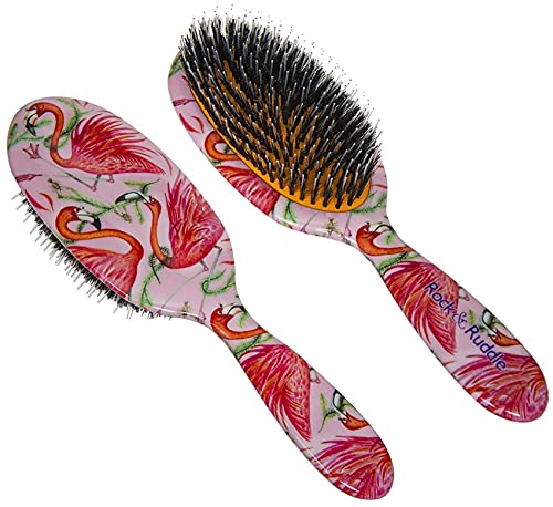 Rock & RuddleCepillo de cerdas naturales de jabalí, cepillo de paleta y cabello grueso rizado, peine, condiciona y hace que el cabello sea y libre de enredos. Fabricado en Reino Unido, flamingos