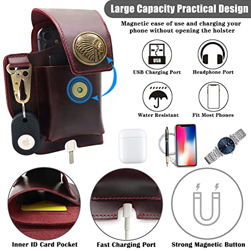 Suohu Leather Phone Holster With Belt Clip, Flip Belt Phone Case With Magnetic Closure For Iphone 14/13 Pro Max, Cell Phone Belt Holder For S22 Plus, Universal Leather Phone Pouch Cases (Red Brown) #TOP3