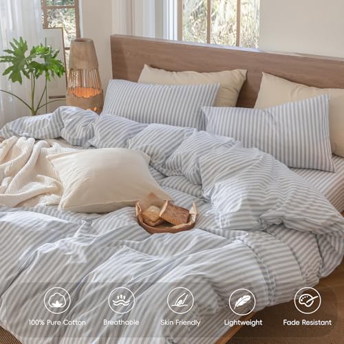 Image of MooMee Striped Duvet Cover Set 100% Washed Cotton Linen Like Alaska King | Relaxed Linen-like Texture. Soft, Breathable & Long-lasting Comfort. Lightweight. Hidden Zipper with 8 Interior Corner Ties