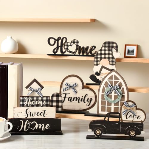 Image of Yuntau 6 Pcs Farmhouse Table Decorations Home Sweet Home Tabletop Centerpiece Wooden Black and White Plaid Table Topper Signs for Kitchen Shelf Desk Decor Housewarming Gifts Holiday Party Supplies