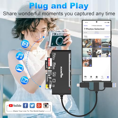 7 in 1 Multi Memory Card Reader USB C Lightning USB3.0 Multi Card Reader for SD TF CF XD MS,SD Card Reader Adapter for for iPhone/iPad/MacBook/Samsung/PC Plug and Play Simultaneously Read/Write 5Gbps