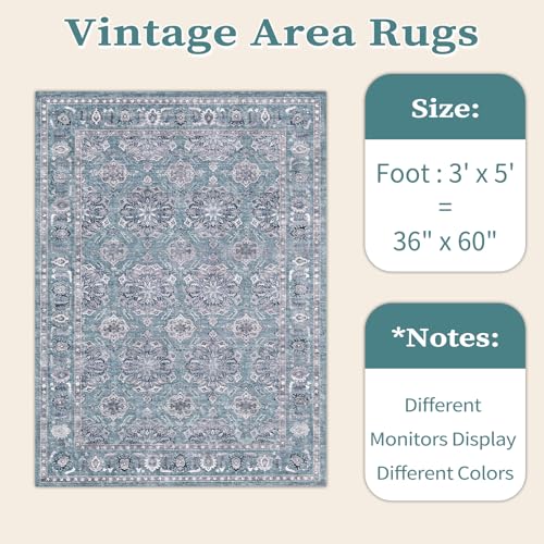 SERISSA 3x5 Boho Floral Area Rugs for Bedroom, Washable Kitchen Rugs Non-Slip, Ultra Soft Print Distressed Vintage Blue Grey Entry Rug Low-Pile Throw Rug Carpet for Bedroom Living Room Dorm Decor