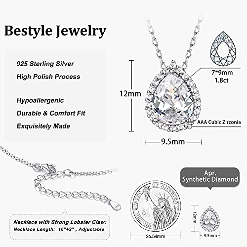 Bestyle 925 Sterling Silver Teardrop Cut Birthstone Crystal Necklaces For Women, April White Tennis Diamond Pendant With Love And Purity, Best Women Necklace For Everyday Wear #TOP5