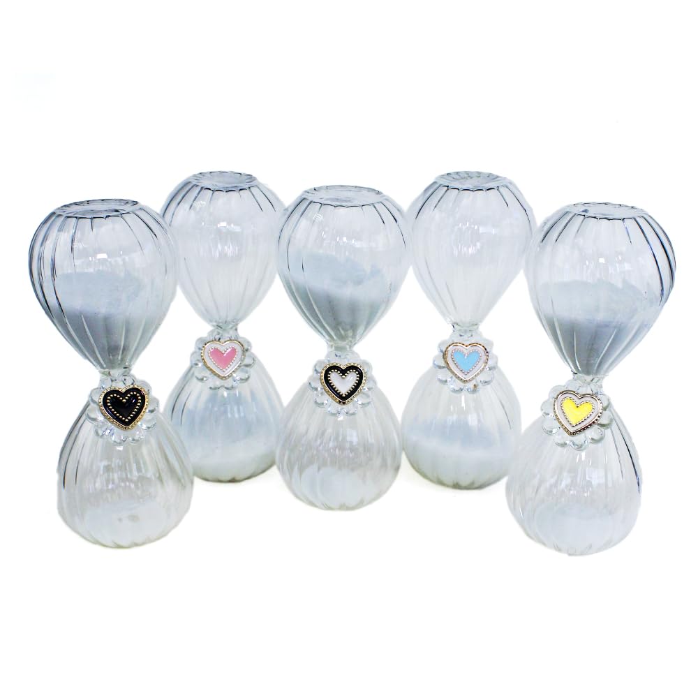 DLM-A146 Bomboniere kit 6 clessidre in vetro da 5 minuti cm 12 con sabbia bianca e cuori cuoricini colorati complete di scatole per matrimonio battesimo cresima comunione 18 compleanno nozze
