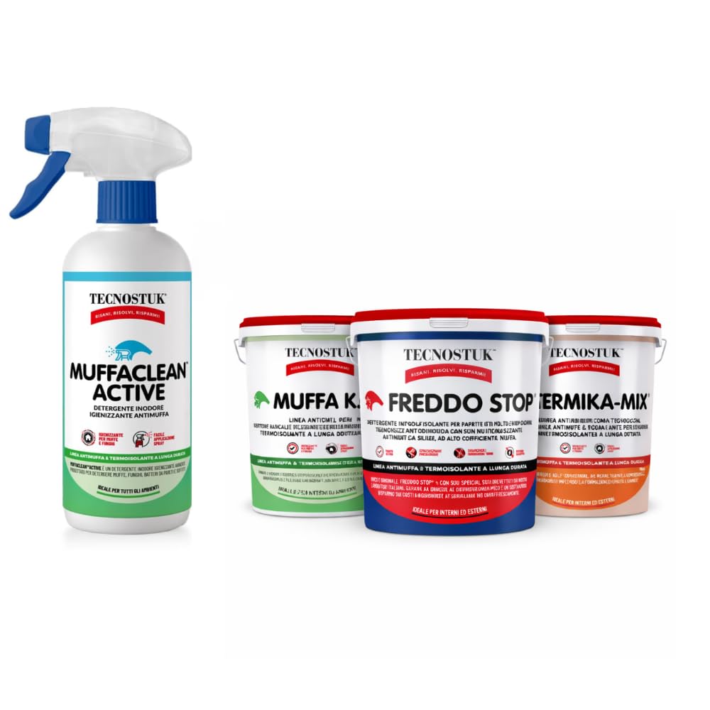 TECNOSTUK KIT Professionale Antimuffa Per Muffa Molto Radicata Ed Estesa MuffaClean Active 1L + Muffa K.O. 1L + Freddo Stop 1L + Termika-Mix 1L