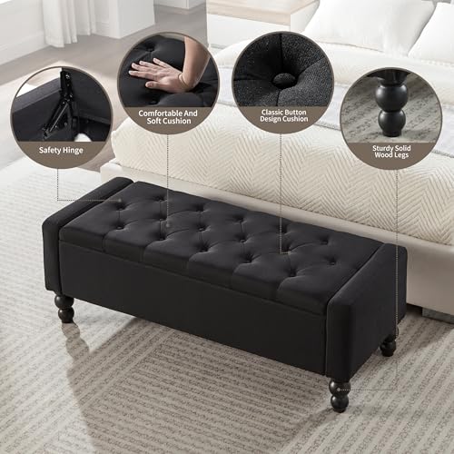 Image of 50 inch W Storage Ottoman Bench with Safety Hinge, Load up to 660 lb Ottoman with Storage, Upholstered Tufted Entryway Bench with Seating for Living Room, Bedroom, Entryway, Black