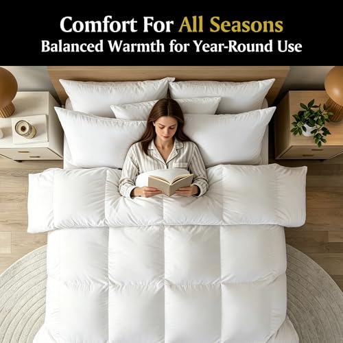 Image of Beautyrest Goose Down Fiber Comforters Queen Size All Season Duvet Insert | 100% Cotton Fabric, Lurury Hotel Collection, Fluffy Breathable Bedding Comforters, 8 Corner & Center Loops, 90x90 Inch