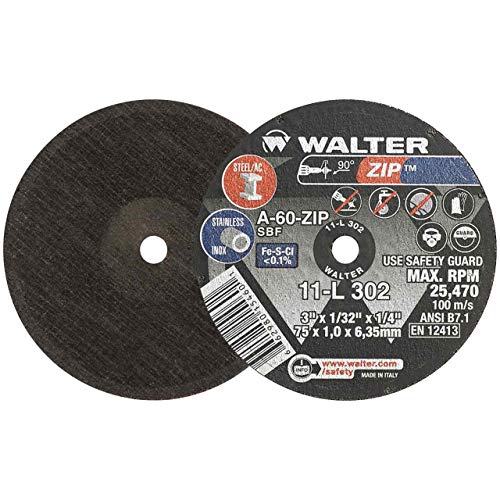 Walter 11L302 3x1/32x1/4 Zip Steel and Stainless Contaminant Free Cut-Off Wheels Type 1 Grit A60, 25 Pack