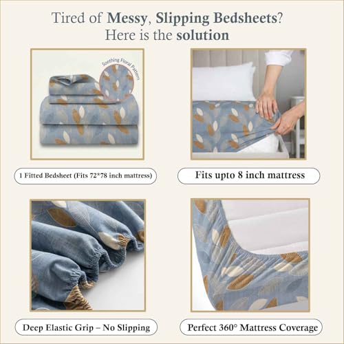 Image of Dream Weaverz- Polycotton Printed Double Bed Size Fitted Elastic Bedsheet,2 Pillow Cover,260 Thread (72 inch x 78 inchx7 inch) Home, Bedroom (Blue-2, King)
