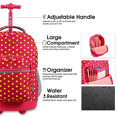 Image of J World Sunrise Kids Rolling Backpack with Wheels for Girls Boys, Roller Bookbag for School, 18 x 13 x 9 Inches, Pink Buttons